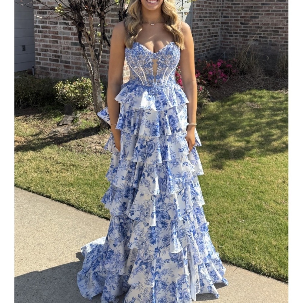 Sherri Hill 57662 STUNNING  Blue Floral Strapless size 6‎ Prom Dress Gown $800
